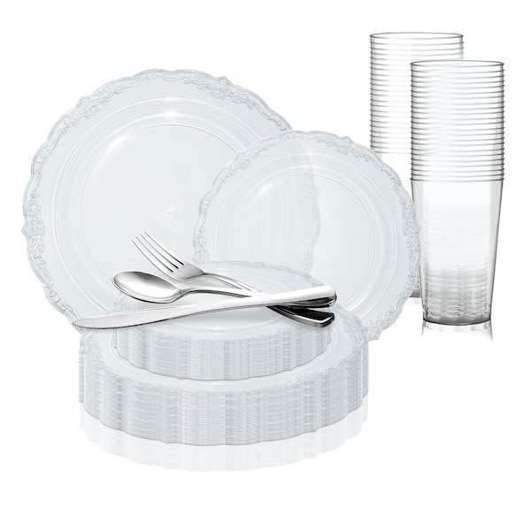 Smarty Had A Party Clear Vintage Round Disposable Plastic Wedding Value Set, 720PK 860CVS120 - main